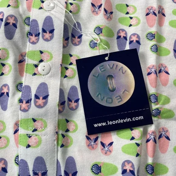 New Leon Levine Polo Shirt Womens Large Flip Flop Print Short Sleeve Blo… - Picture 5 of 8